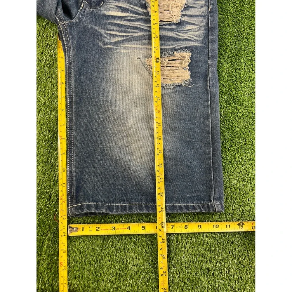 Sacred Crow Mens 34 Baggy Distressed Denim Jorts Blue Embroidered Y2K Streetwear